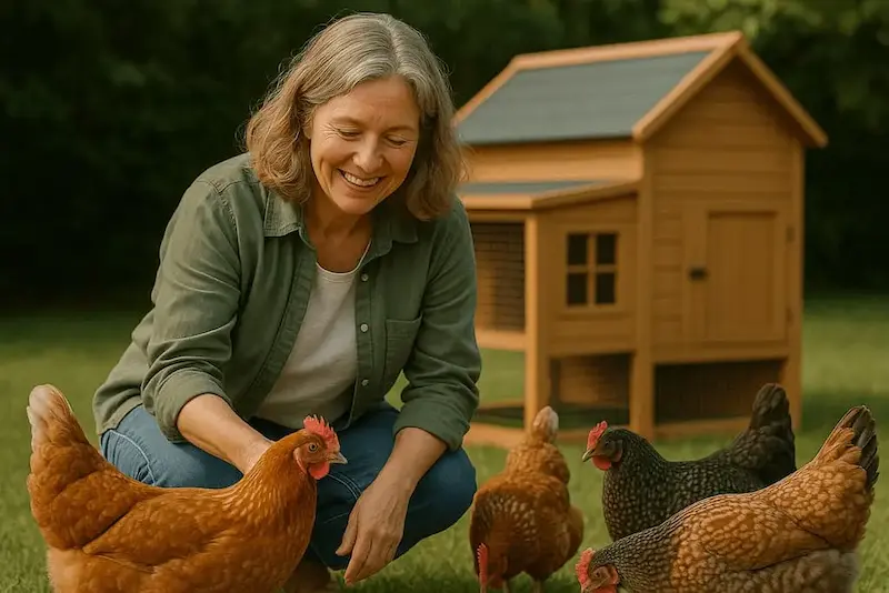 Isabel con sus gallinas felices